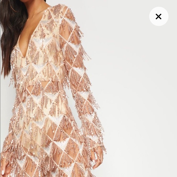 PrettyLittleThing Dresses Rose Gold Tassel Sequin Plunge Jumpsuit Poshmark